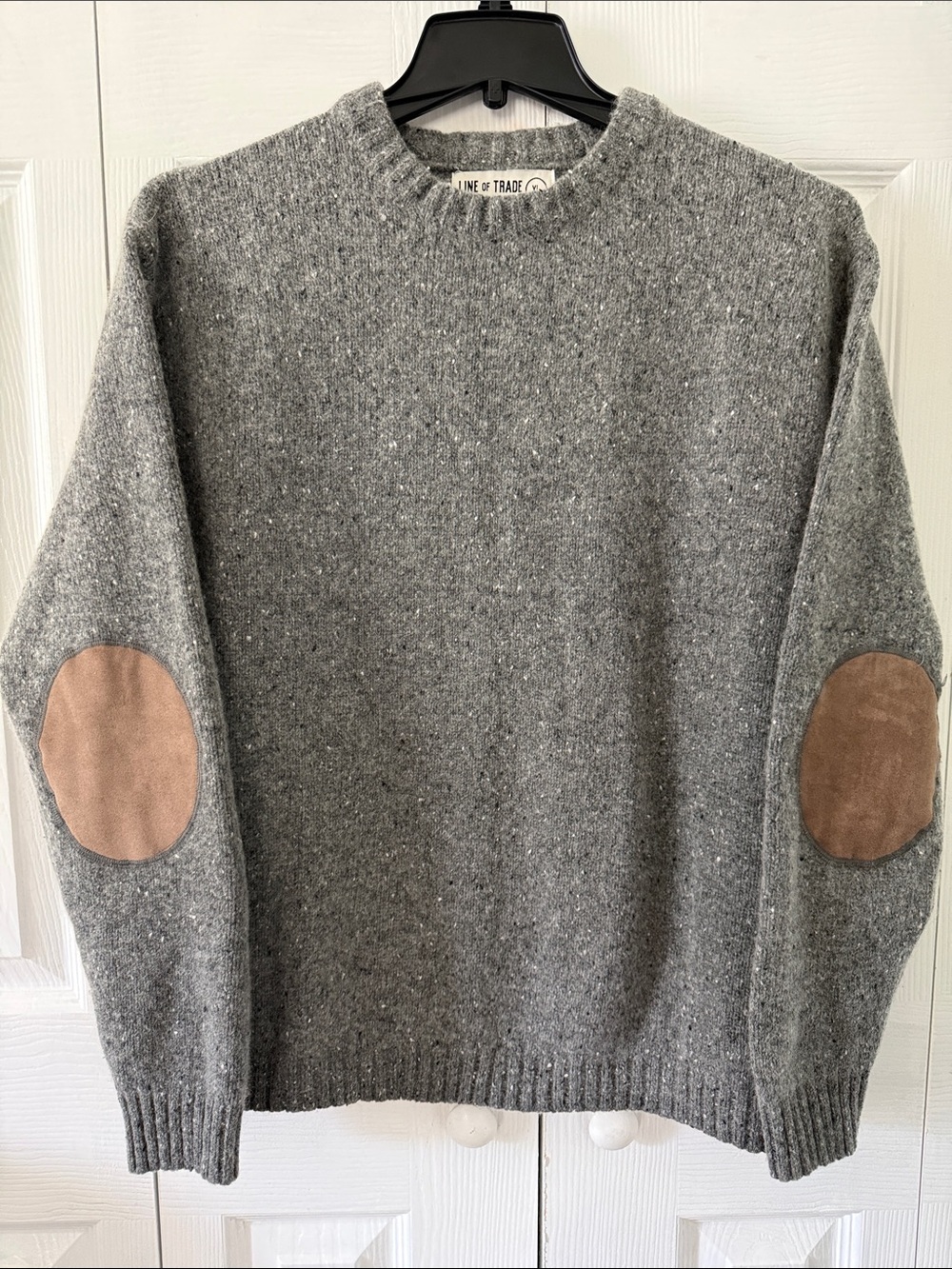 Line of Trade Wool Men’s Gray Crewneck Sweater with Brown Elbow Patches Sz XL